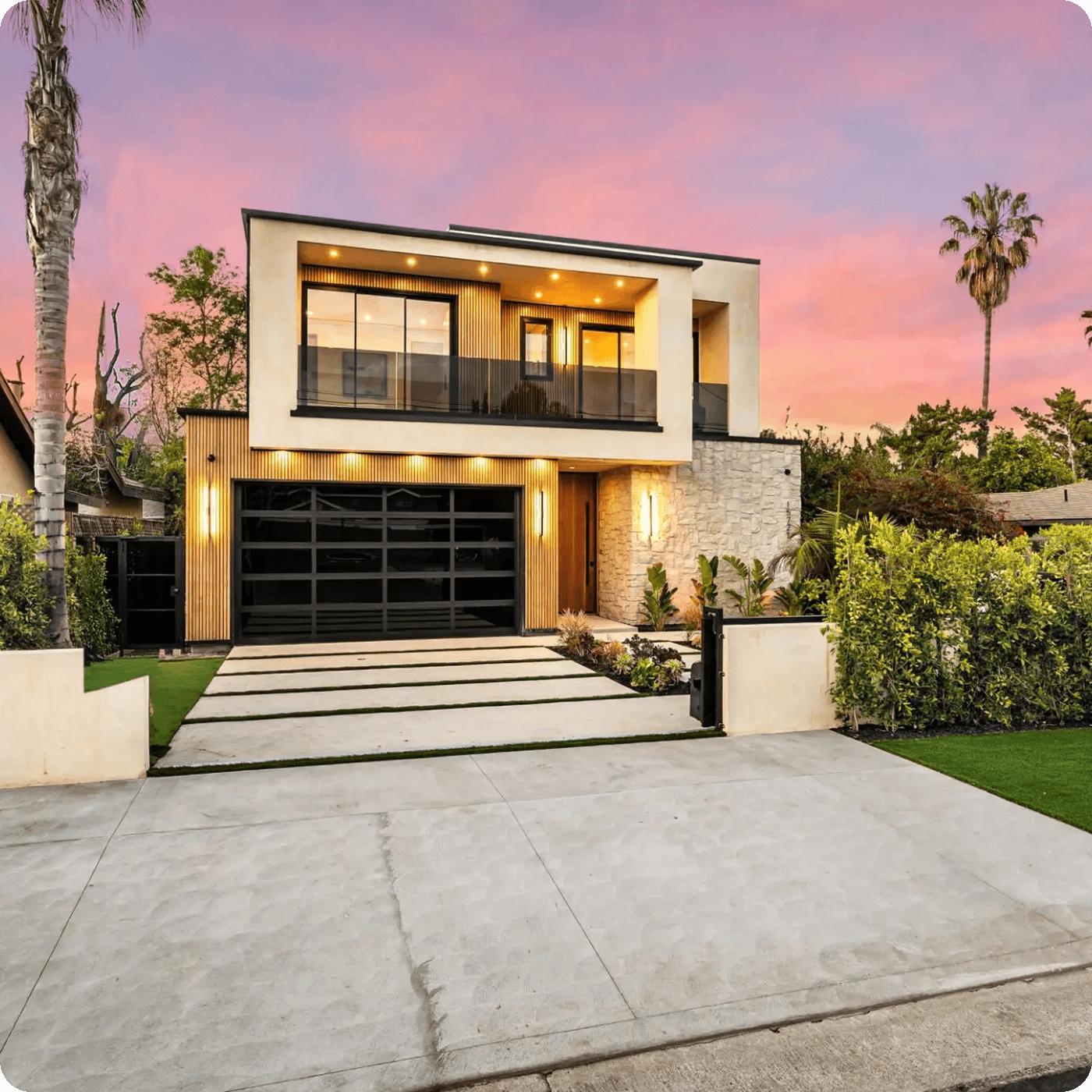 Modern house with sunset sky background.