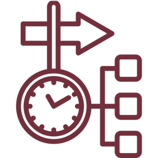 Clock and flowchart with arrow icon.