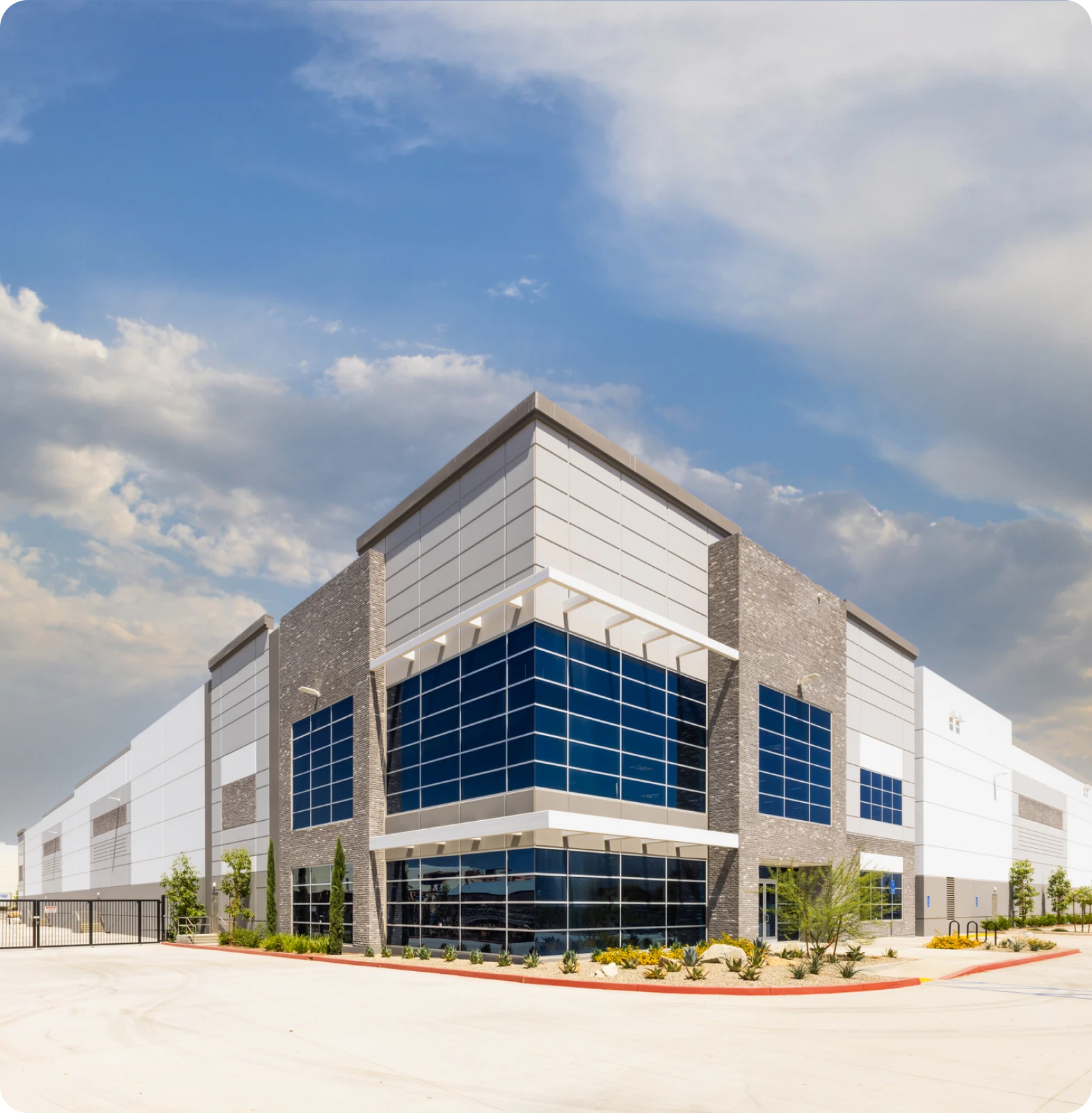 Contemporary warehouse architecture with glass facade