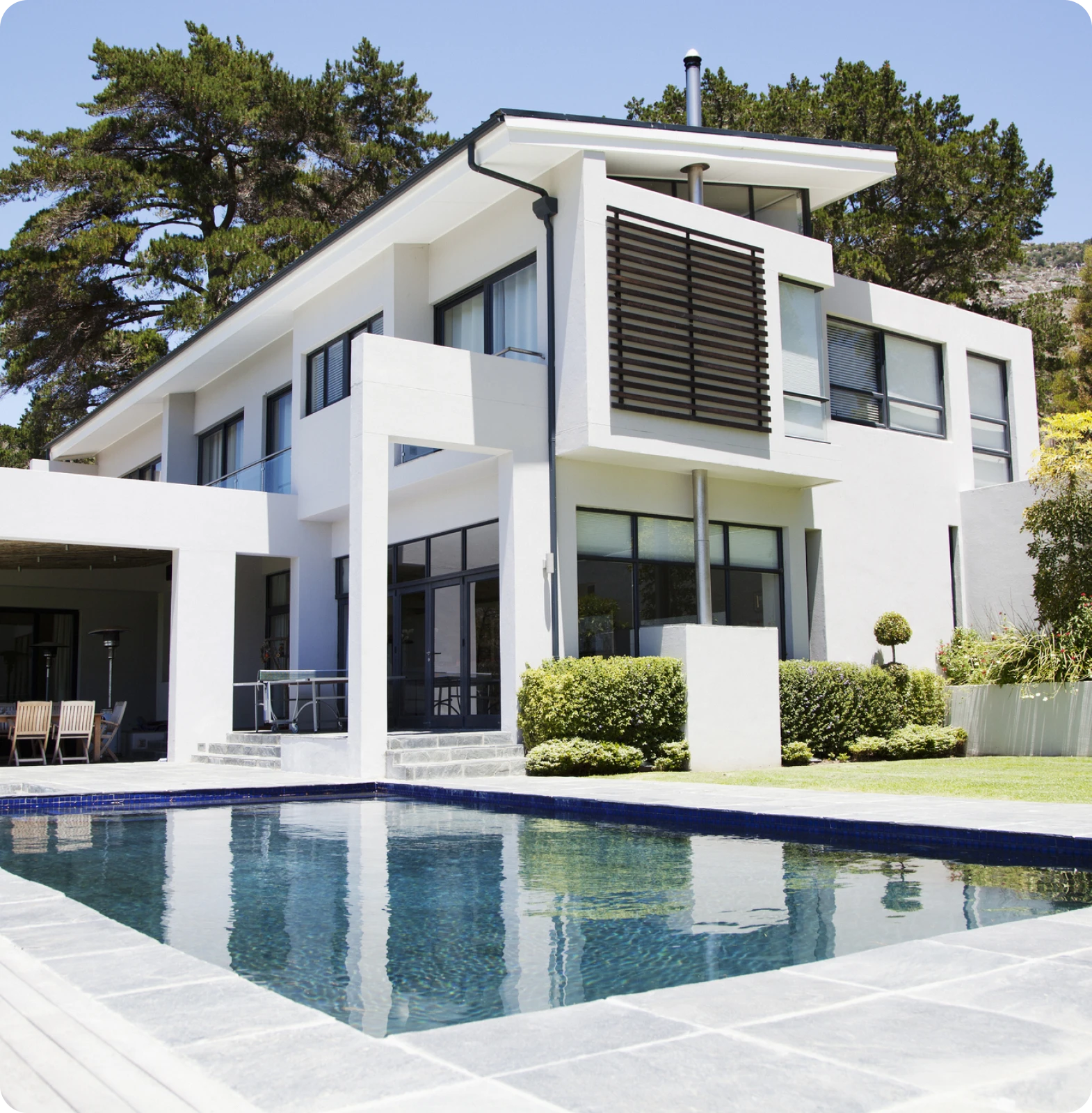 Luxurious home exterior with poolside view